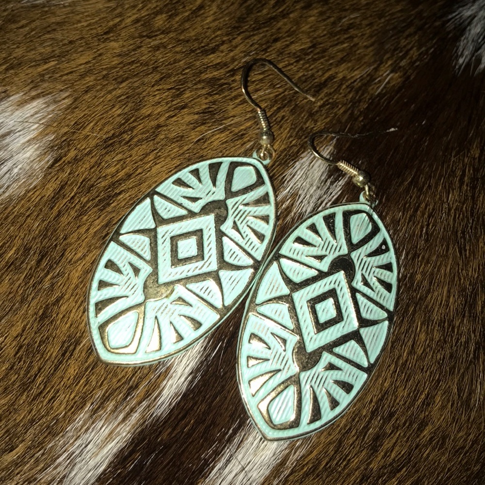 Mint green earrings with a gold back drop
